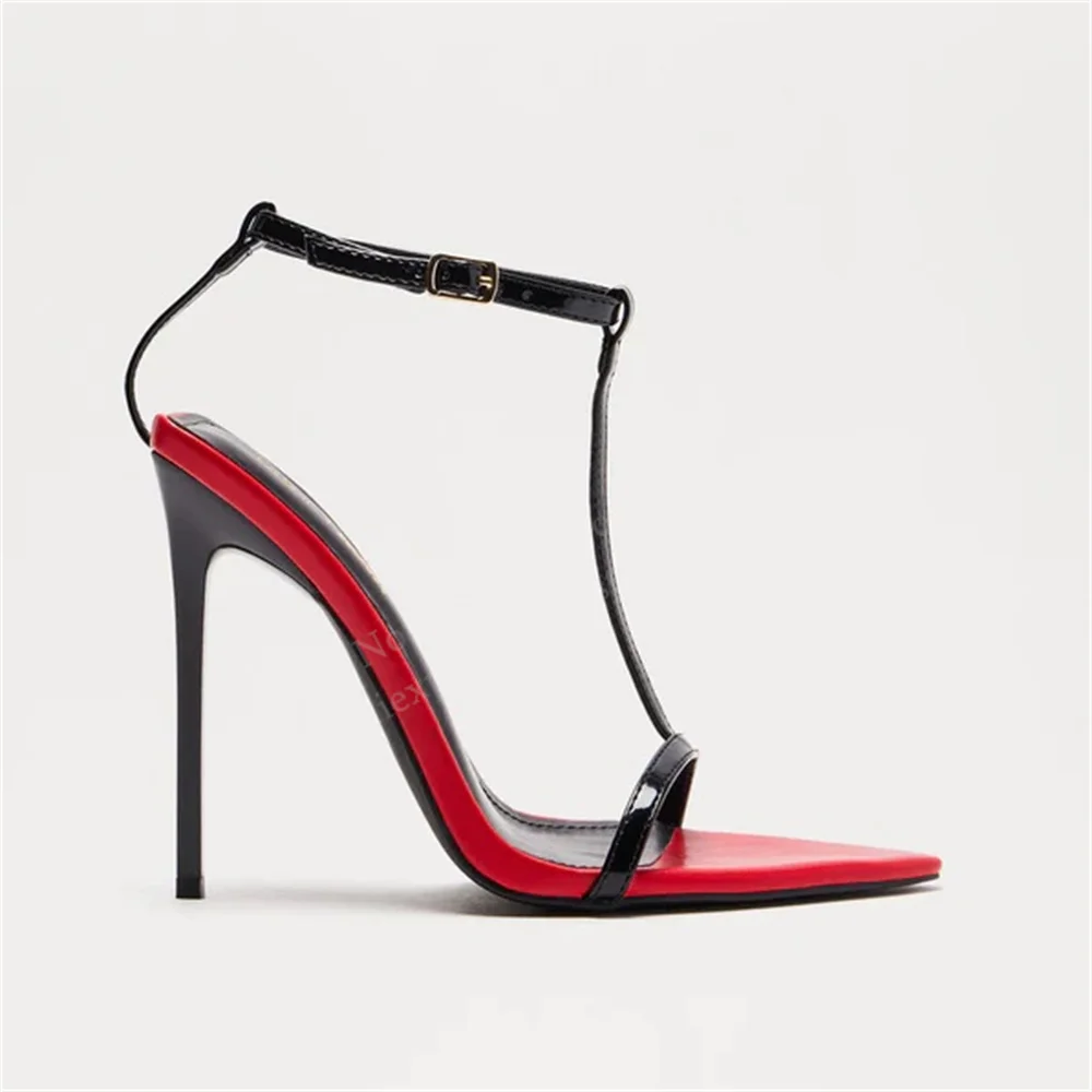 Black Red Leather Patchwork High Heel Sandals Women Sexy Open Toe Stiletto Heel T-Strap Slingback Buckle Ankle Strap Shoes - view 3
