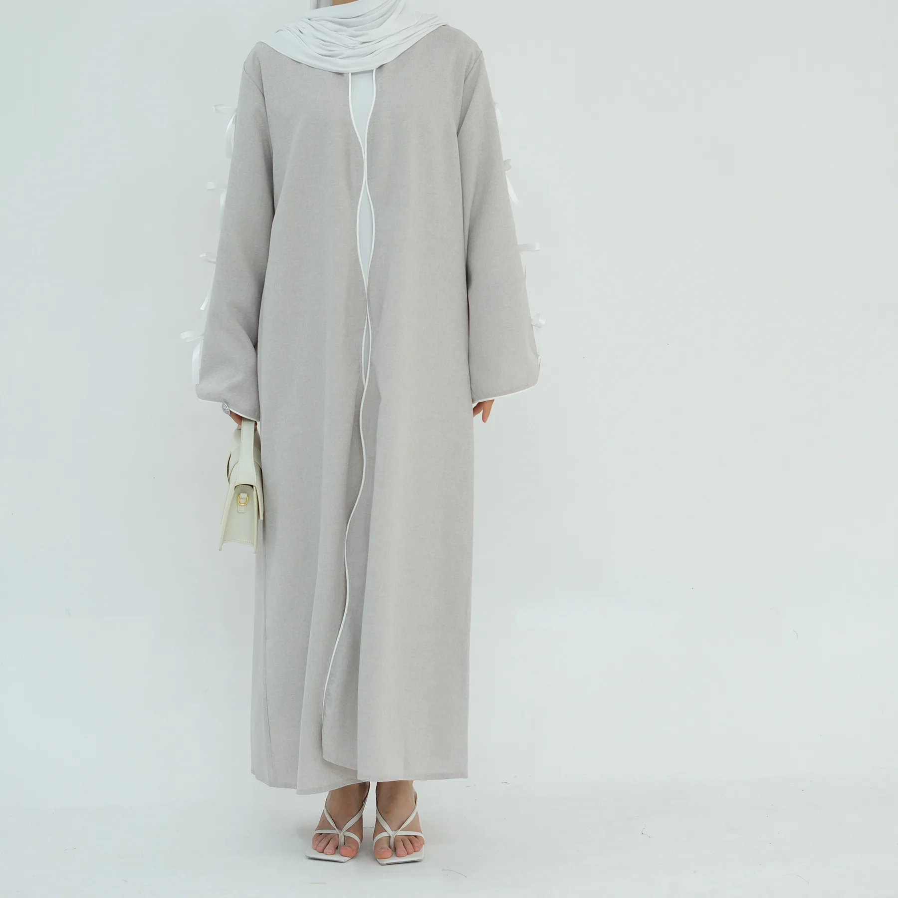 2024 Abaya Dress Bowknot Long Sleeves Modest Dresses Muslim Fashion Women's Clothing Robe Long Cardigan Outwear Eid Ramadan