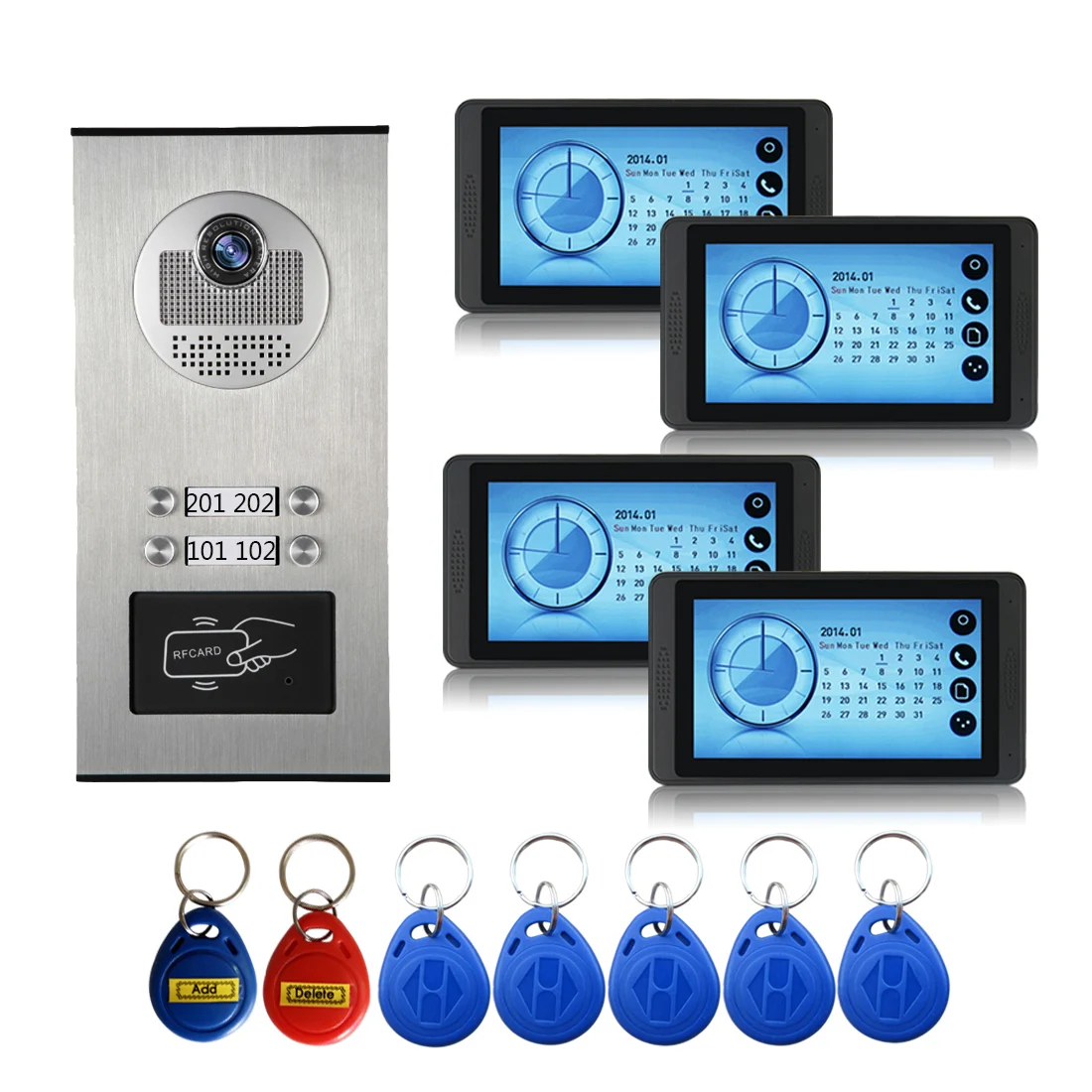 Sistema de intercomunicación de teléfono para puerta, timbre de acceso RFID de 7 pulgadas, cámara de vídeo para 4 familias, intercomunicador para el