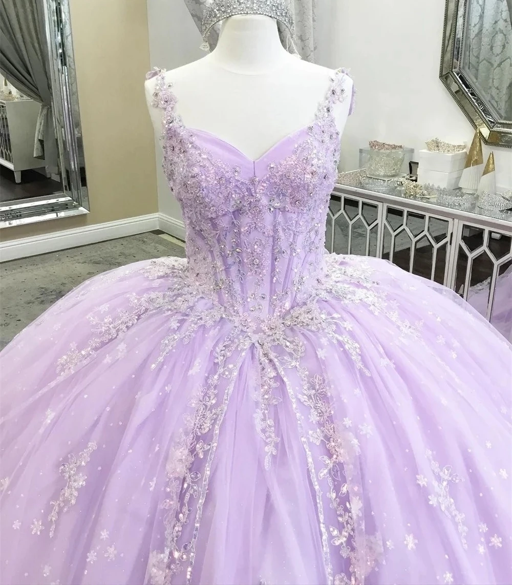 Vestido de princesa lavanda para quinceañera, traje de baile con tirantes finos, tul con cuentas, personalizado, 15 Años, 16