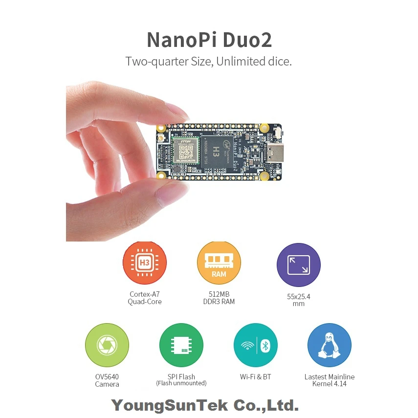 NanoPi Duo2 (512M RAM)، YoungSunTek، H3، Quad Cortex-A7، Up 1.2 جيجا هرتز، OTG، Wifi، OpenWRT، Wifi&BT Ubuntu Linux Armbian