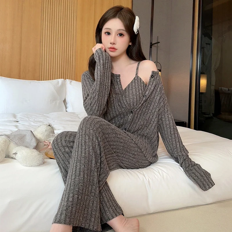 Spring Autumn New Cashmere Sleepwear Women\'s Round Neck Button Cardigan 3 Pieces Simple Solid Color Home Clothes