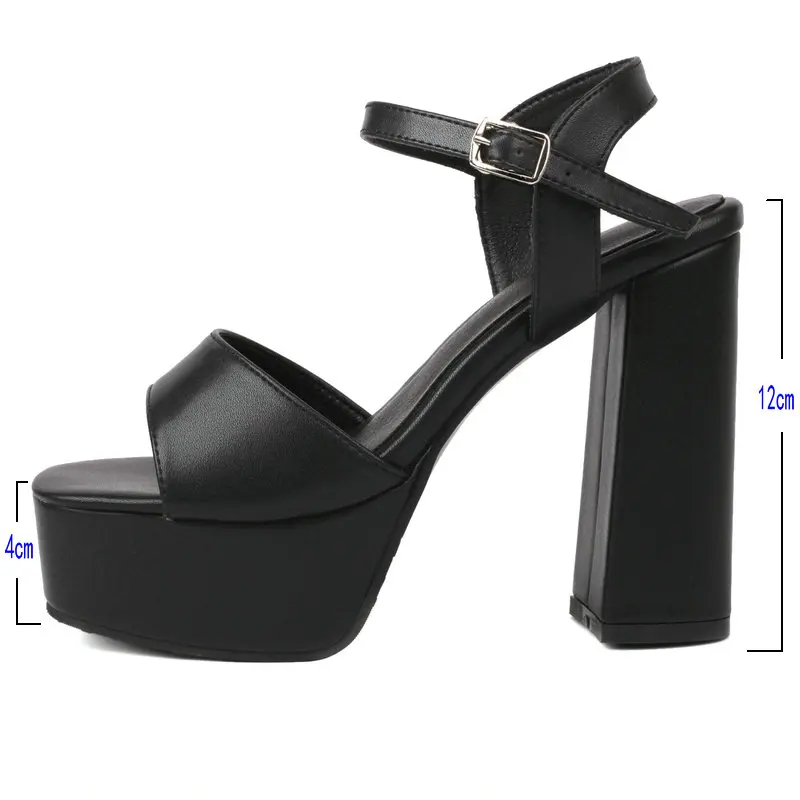 Black White Summer Women High Heel Shoes Platform Square High Heel Ladies Sandals PU Leather Open Toe Buckle Party Women\'s Shoe