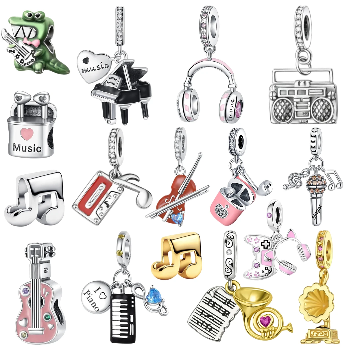 925 Sterling Silver Music Theme Charms Piano Headphone Radio Violin Guitar Note Tape Fit Bracelet Jewelry Gift Music Lover Women