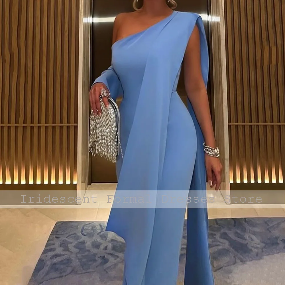 여성용 라이트 스카이 블루 이브닝 원피스, 숄 바닥 길이, 정장 파티 드레스, 원 숄더 칼럼, 우아한 이브닝 가운