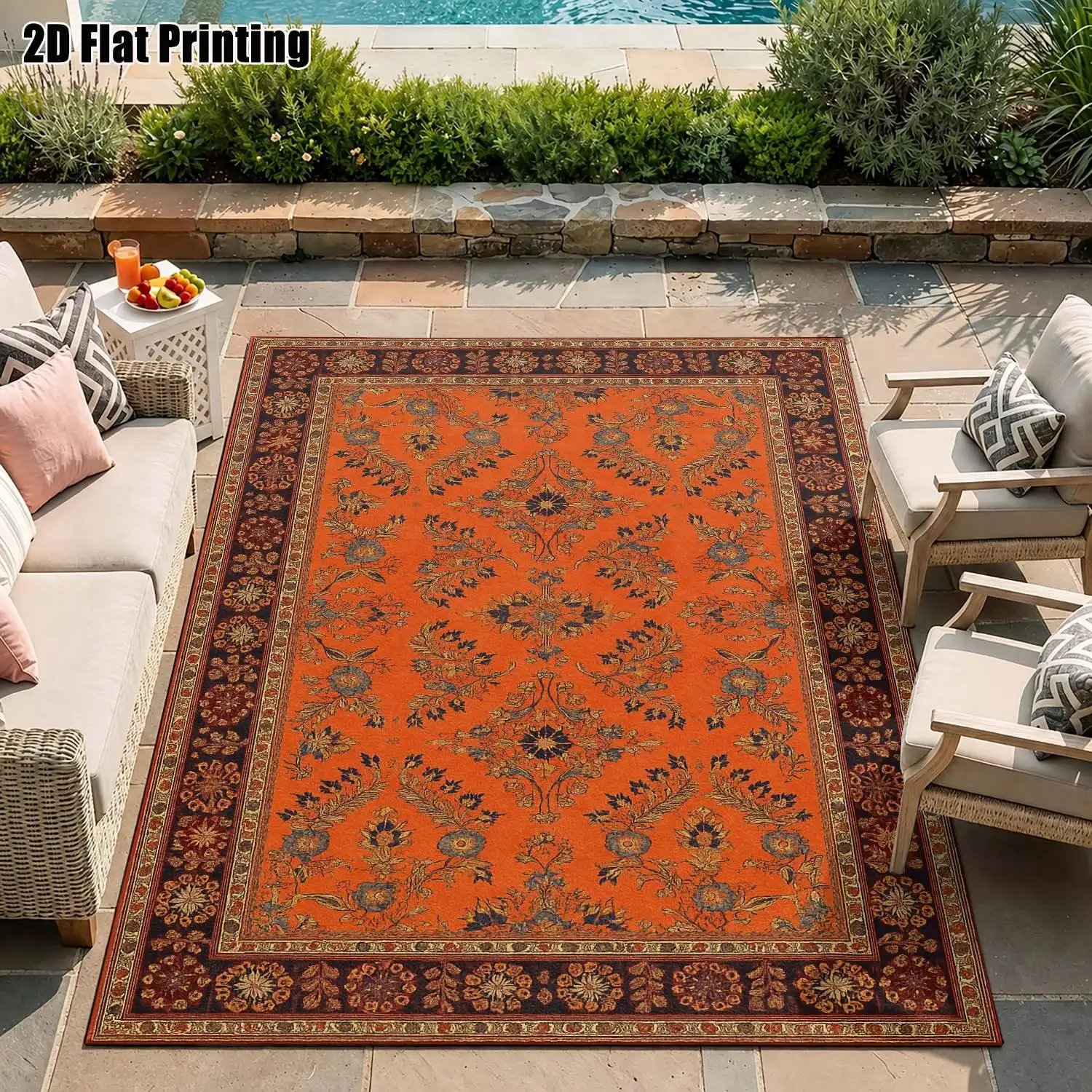 1Pc 2D Printed Orange Retro Floral Pattern Carpet: European, Vintage, Geometric Floral, Bohemian Style Home Decor, Multi-Size, Machine Washable. For Living Room, Bedroom, Dining Room, Entrance, Study.