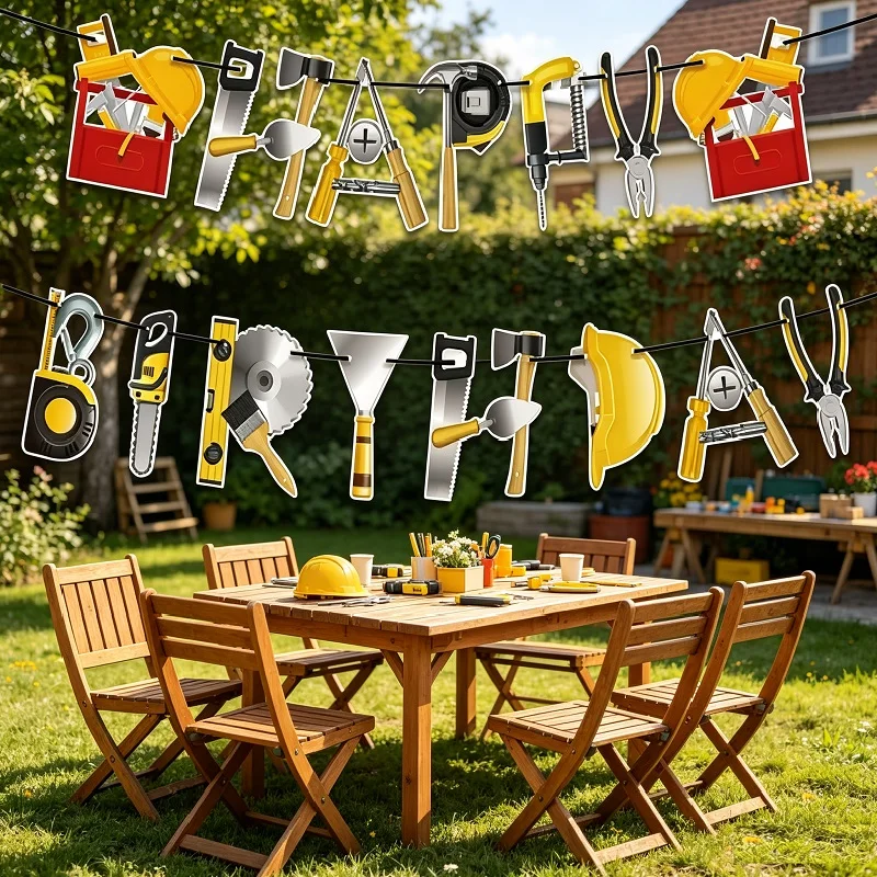 Toolbox Banner,Boy's Happy Birthday Pull Flag,Spanner, Hammer, Saw, Screwdriver, Level, Tape Measure, Axe Banner