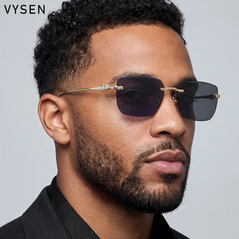 

Photochromic Rimless Square Sunglasses Men Luxury Vintage Leopard Head Gold Cut Lens Sun Glasses For Male Driving Eyewear Shades