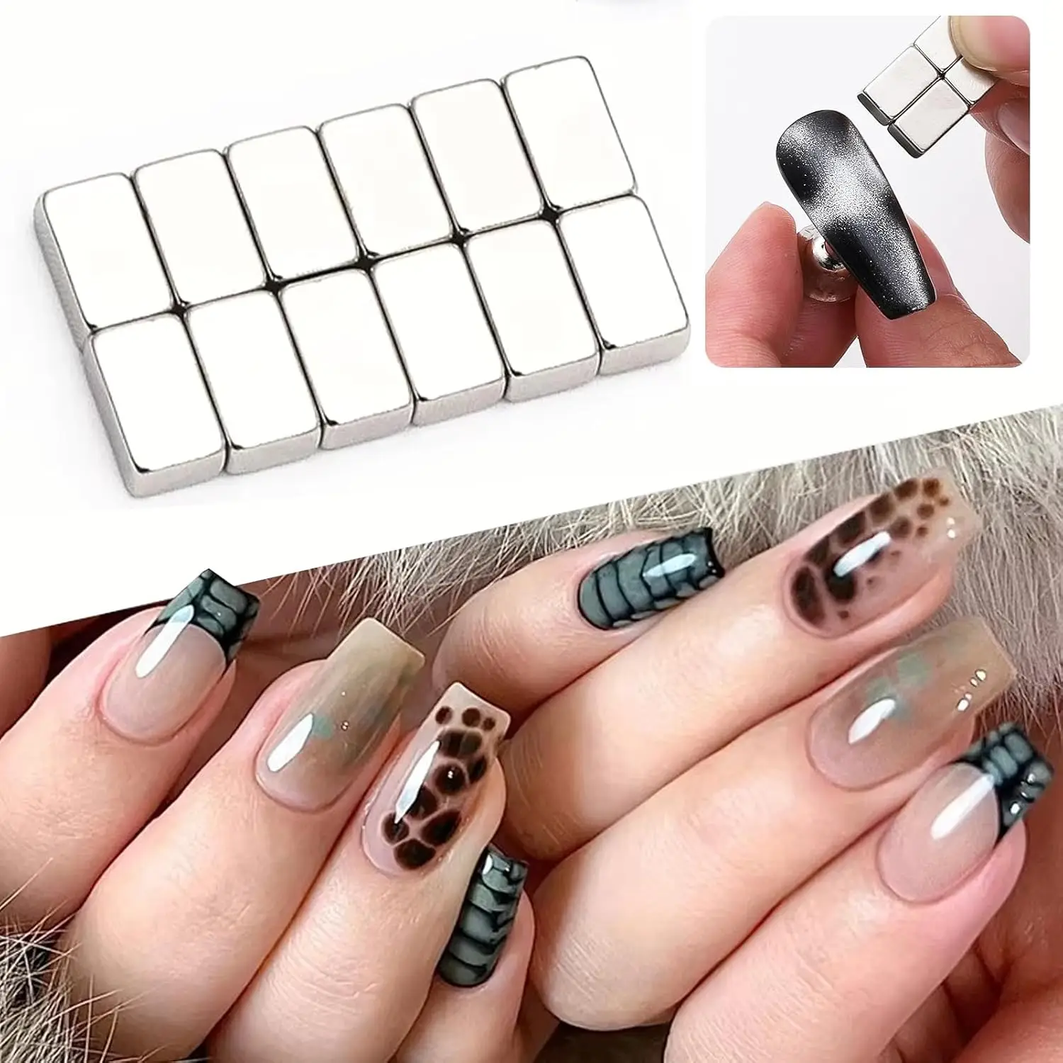 12 stuks Cat-Eye nagelmagneet Rechthoekige nagelmagneet Gel nagellakmagneet Krokodileffect Geschikt voor thuis doe-het-zelf en nagelsalons