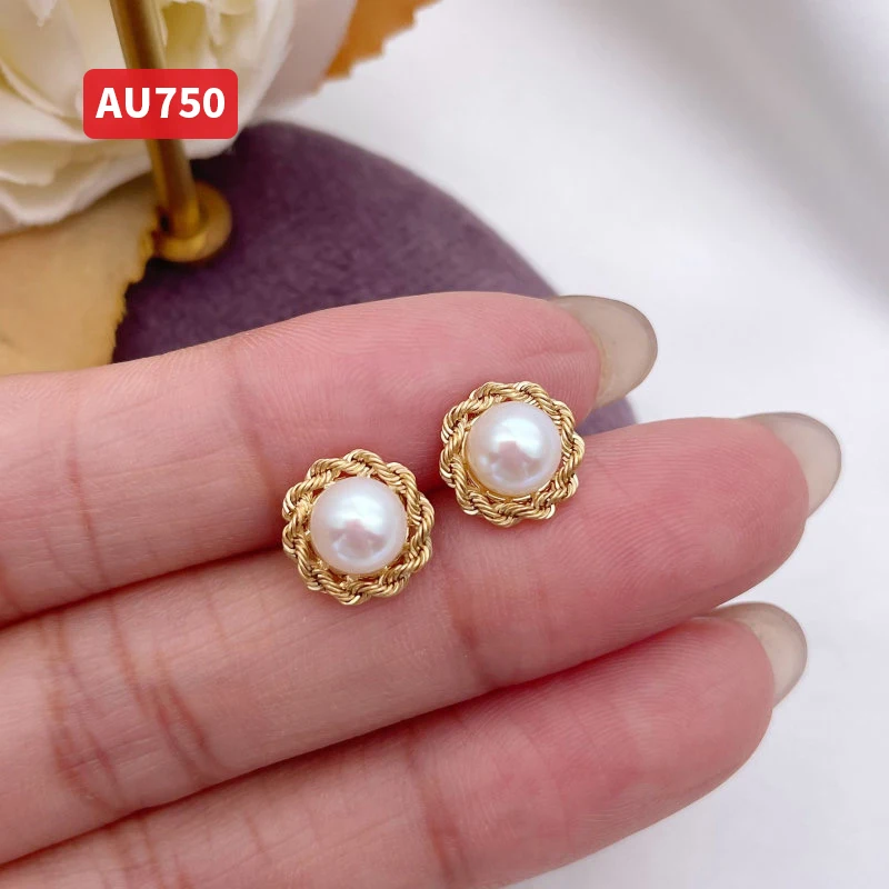 

18K Real gold round flawless natural freshwater pearl aurora snow white pearl earrings do not fade