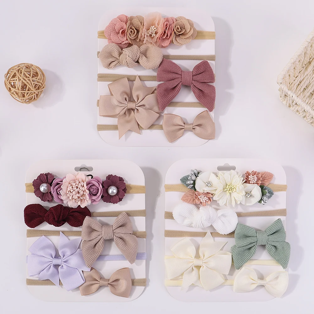 5pcs/Lot Nylon Elastic Bow Headband Baby Solid Knot Flower Fabric Hairbow Set Kids HairBands Handmade Girls Hair Accessories