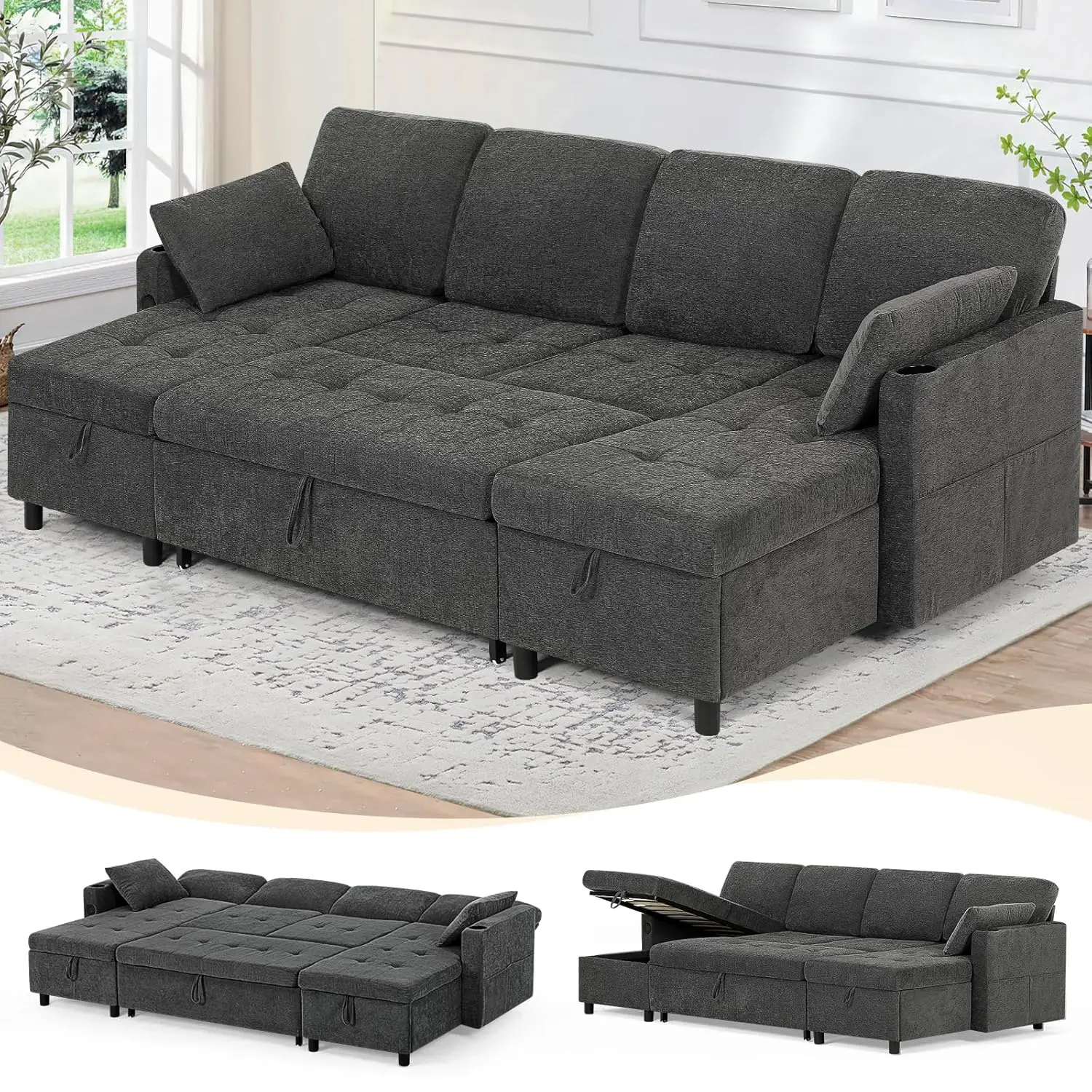 

110" Fabric Pull-Out Couch Bed w/Adjustable Backrests, Sectional Sleeper Sofa w/USB Ports & 2 Cup Holders,, Customized