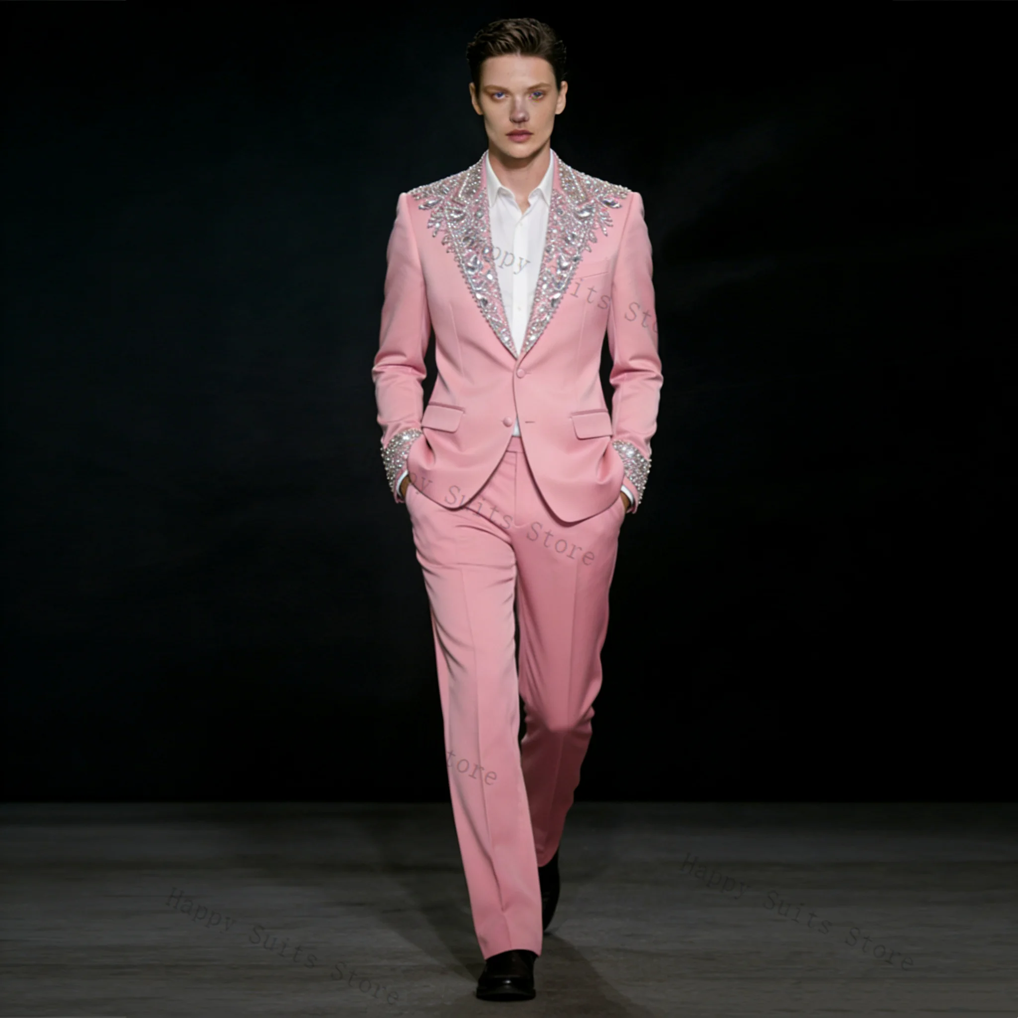

Pink Crystals Men Suit Set 2 Pcs Groom Blazer+Pants Trousers Luxury Formal Office Coat Wedding Tuxedo Customized Jacket Outfit