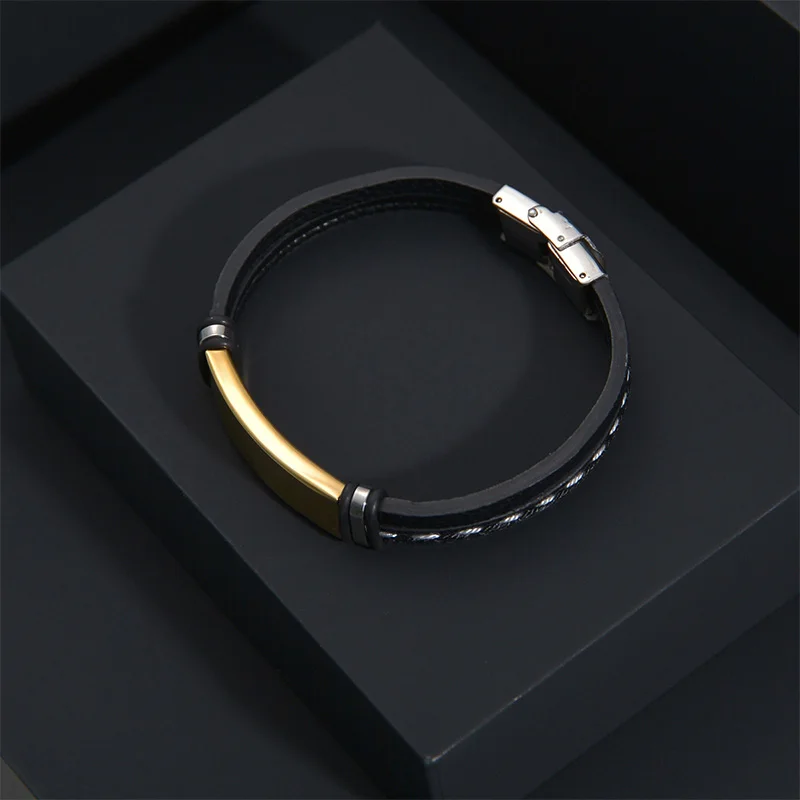 Afirstee Custom Stainless Steel Engrave Name Date Leather Bracelets For Men Personalized Nameplate Male Bangles Jewelry Gift