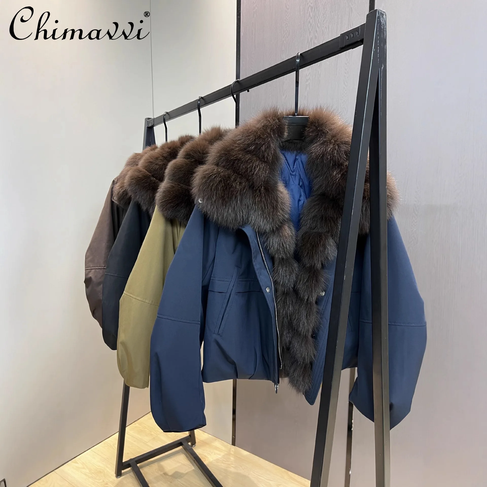 

Heavy Goose Down Jacket Fox Fur Collar 2025 Winter New Fashion Long Sleeve Loose Warm Elegant Women's Parka Faux Fur Coat