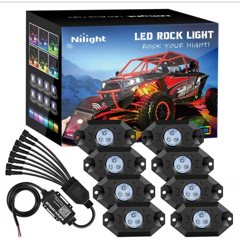 RGB LED Rock Lights Kit 8 pods Underglow Multicolor Neon Light Pod with Bluetooth App Control Timing Function Flashing Music Mod