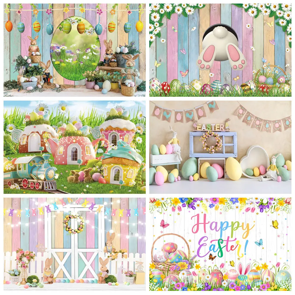 

Happy Spring Easter Backdrop Photography Retro Wooden Board Flower Garden Rabbit Bunny Eggs Baby Portrait Photo Background Decor