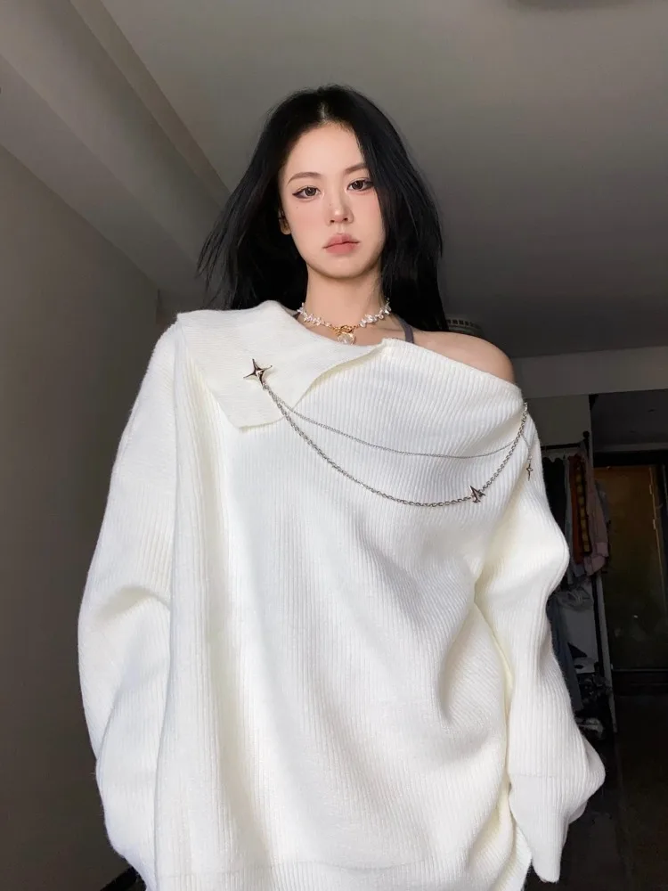 2024 Autumn Winter New White Sweaters Mujer Off Shoulder Long Sleeve Knitted Pullovers Y2k Mid-length Loose Zipper Tops Women