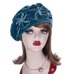 Lawliet Teal Womens 1920 Vintage Style Velvet Beret Floral Hat Chic Cap T513