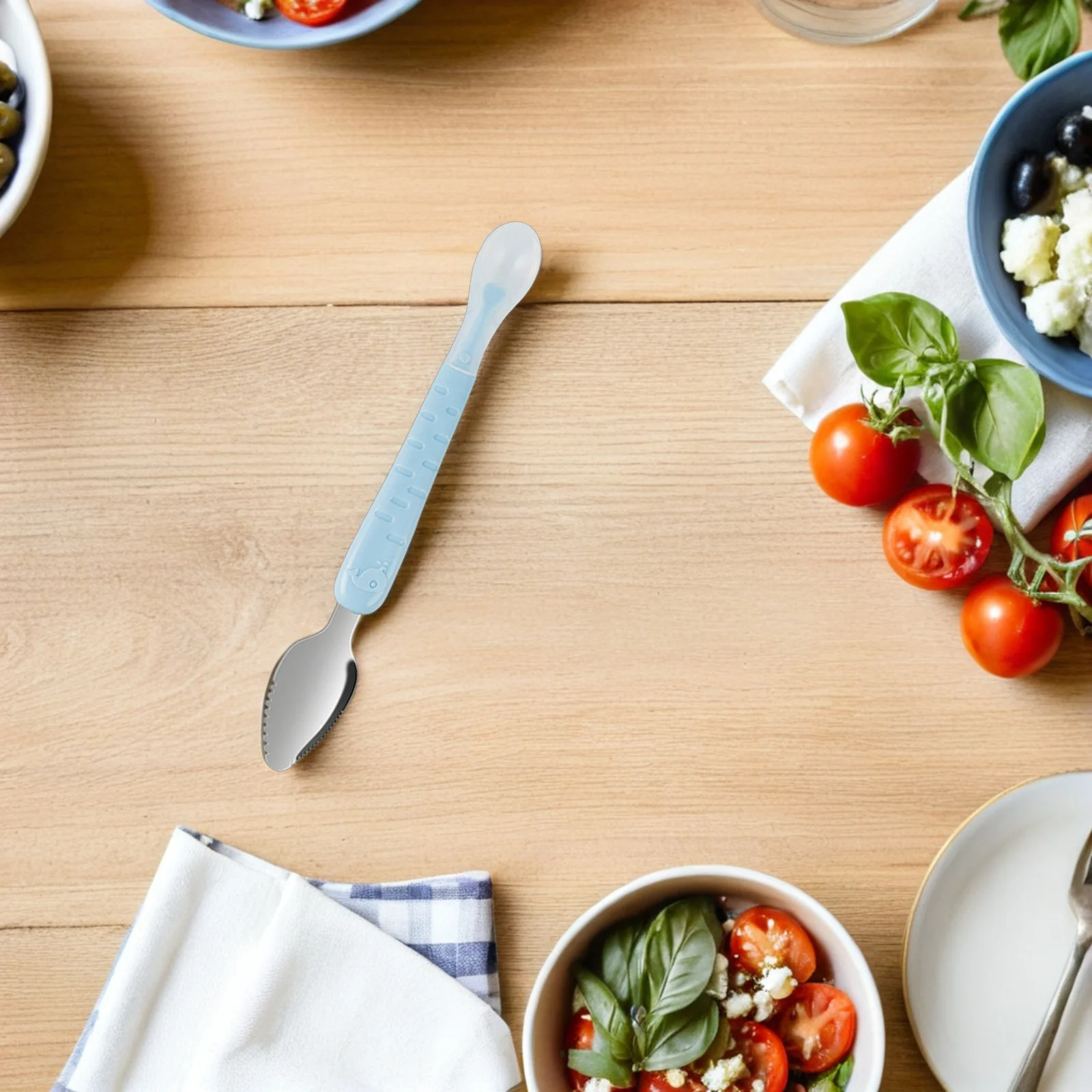 Cucchiaio per purea di frutta per bambini a doppia testa, raschietto seghettato, cucchiaio per alimentazione per purea di verdure, forniture per l'alimentazione del bambino
