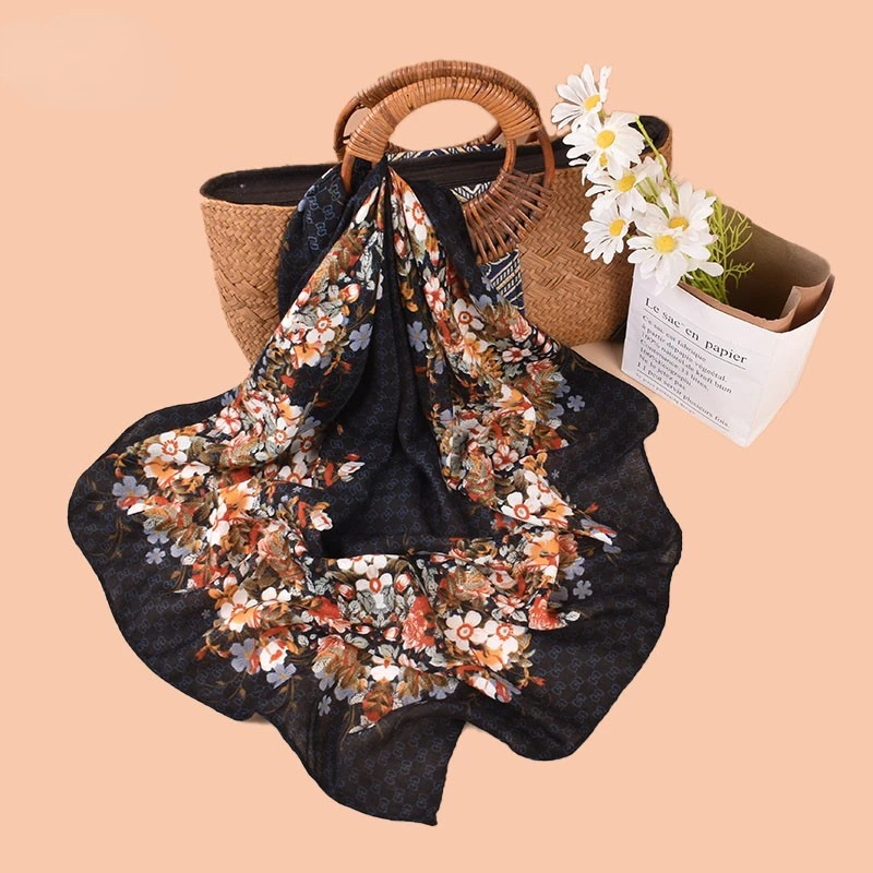 Luxury Flower Print Square Scarf Female Simulated Silk Thin Neck Scarf Fashion Sunscreen Headscarf For Women 90x90cm Bag Scarves