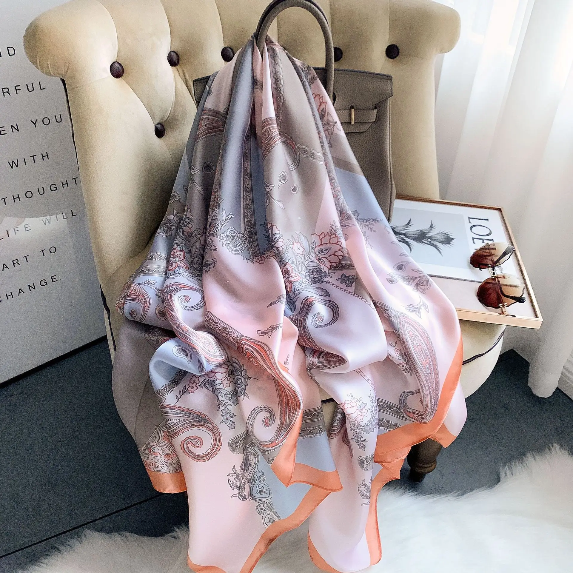 Sunscreen Beach towel Women 180X90CM Silk Scarf Summer chain print Shawls and Wraps Female Foulard Echarpe Designer Bandana