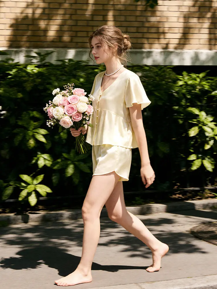 

Комплект женской пижамы из 100% шелка тутового шелкопряда 19 момме: атласные топы с коротким рукавом и шорты, 2 предмета, для сна и отдыха