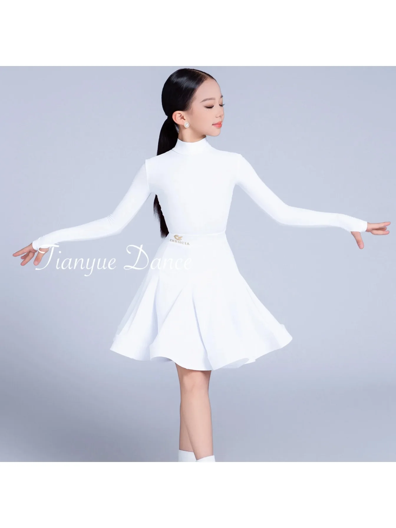 Białe zestawy sukienek konkursowych z długimi rękawami dla dzieci Cha Cha Rumba Samba Odzież treningowa dla dziewczynek Latin Dance Clothes — 2