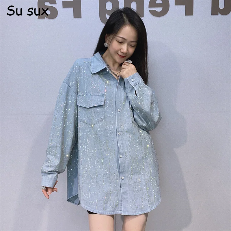 

Sequins Denim Turn Down Collar Long Sleeve Oversized Blouse & Blouse Woman 2026 Spring Autumn Y2k Tops Bust 122cm Outwears