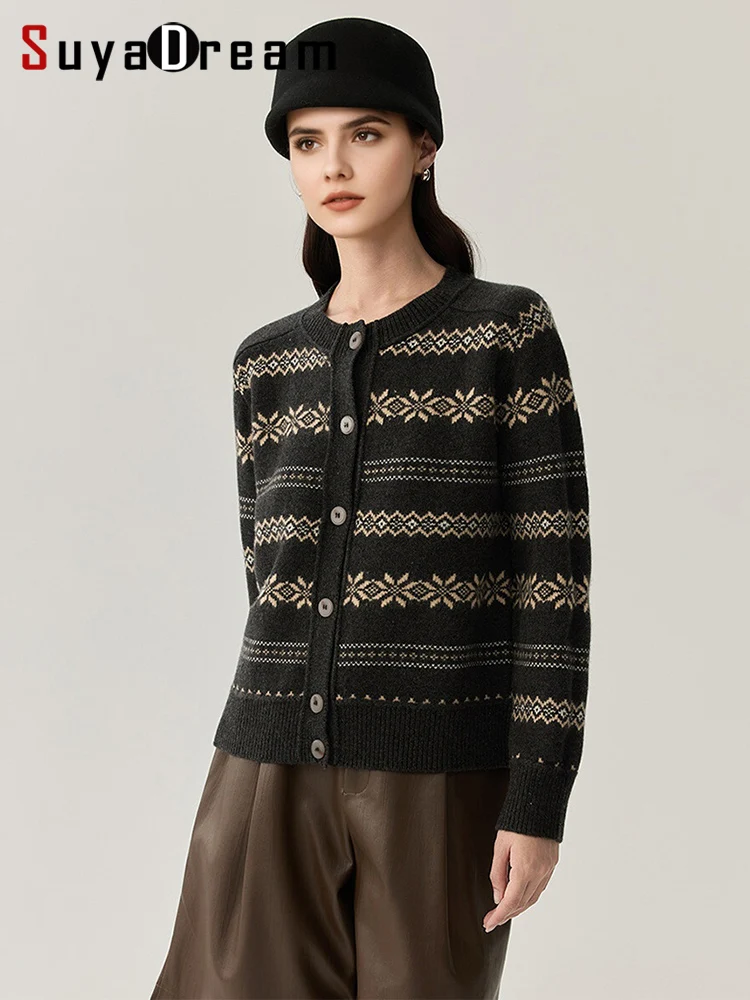 

SuyaDream, Woman's Cardigans, 100%Sheep Wool, O Neck, Christmas Jacquard Sweaters, 2025 Fall Winter Warm Jackets, Red, Navy