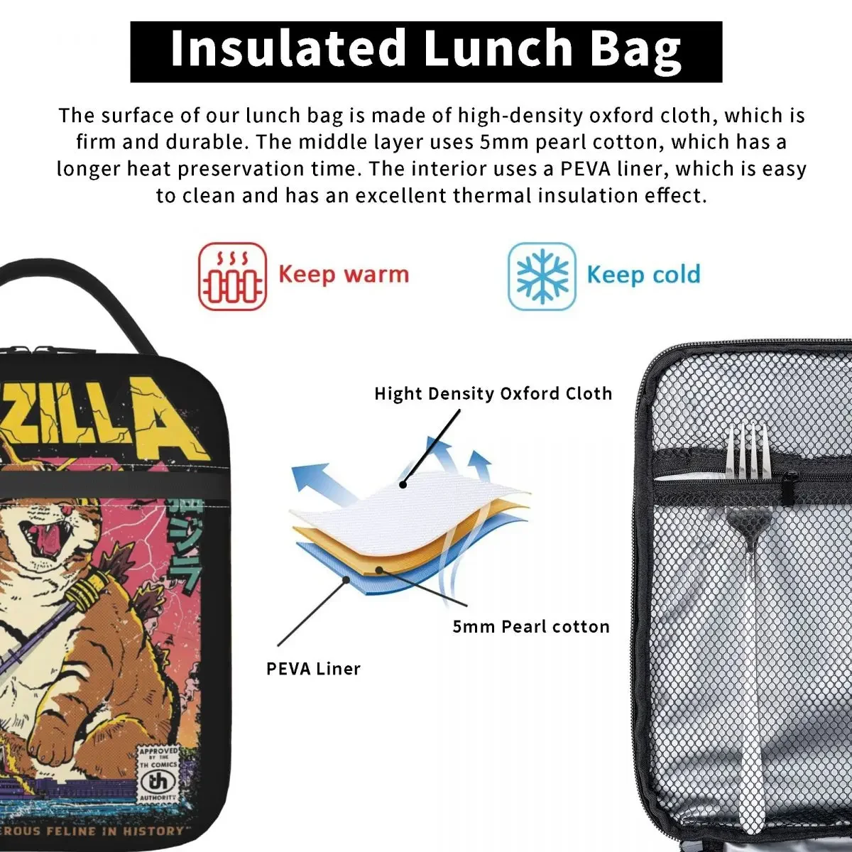 Catzilla Insulated Lunch Bag Large Reusable Thermal Bag Tote Lunch Box School Travel Men Women