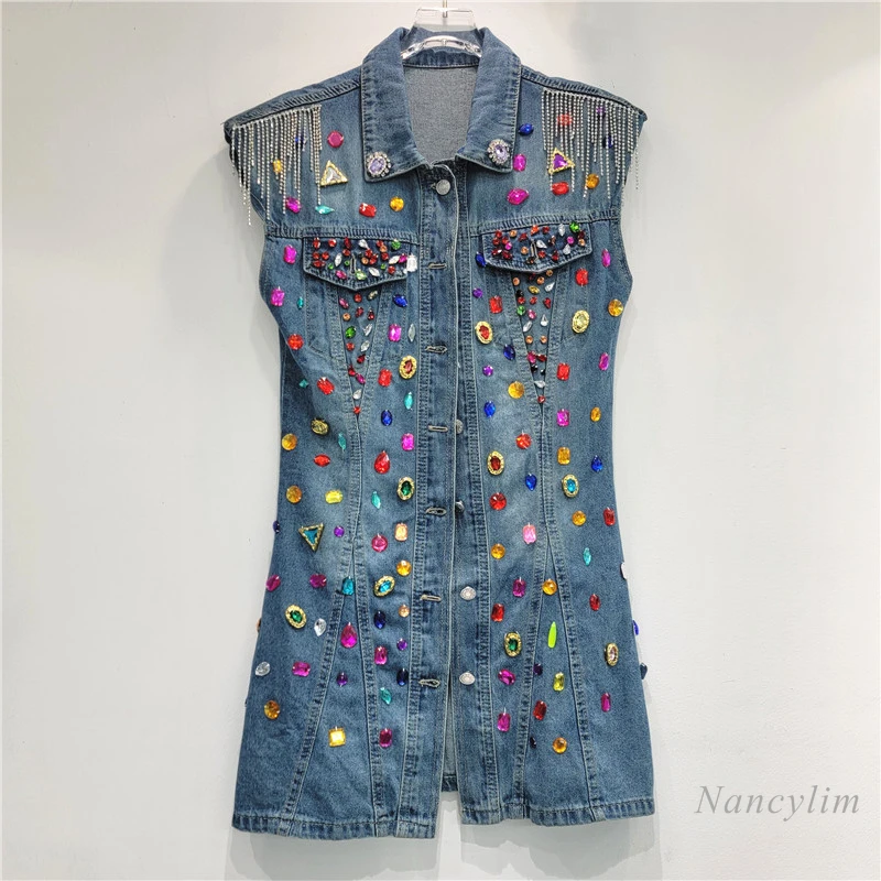 

Heavy Industry Rhinestone Beads Design Sleeveless Turn Collar Denim Dress Women's French Style Retro Elegant Blue A- Line Dress