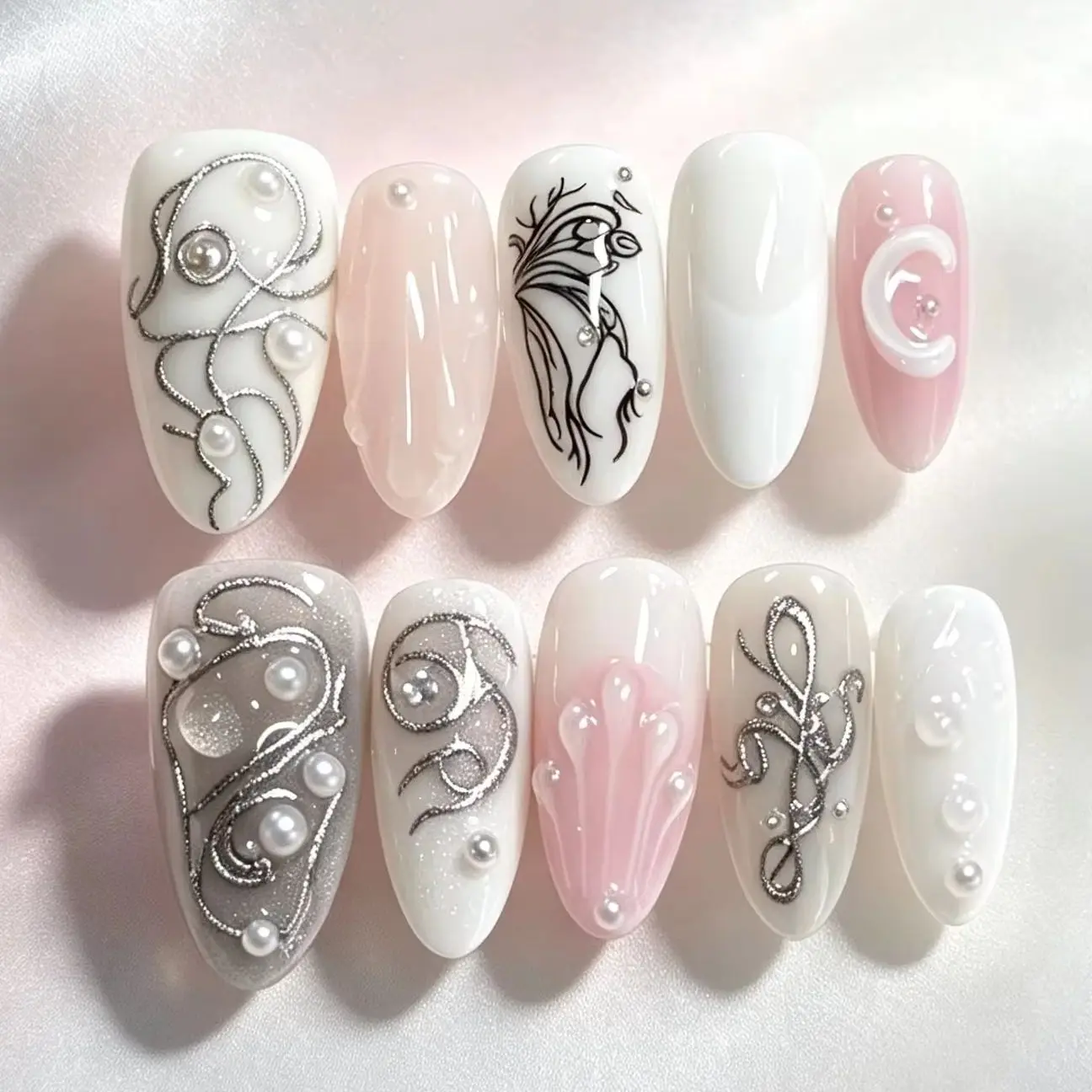10 Pieces of Pink and White Pearl 3D Shell Silver Swirl Line Art Design, Almond-Shaped False Nails, Suitable for Elegant Wedding Parties