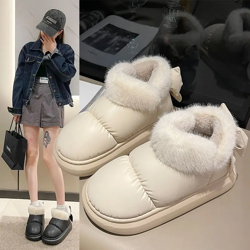 Down Velvet Cotton Slippers with Bow,Winter Indoor Keep Warm Casual Non-slip Soft Sole Plush Shoes,Waterproof Boots