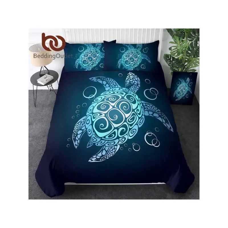 

Turtle Beach Theme Bedding Set for Kids, 3-Piece Teal Duvet Cover with Sea Turtle Design, Comfortable Queen Bed Set for Boys