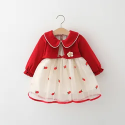 Children'S Clothing Long Sleeved Dress Baby Girl Solid Color Long Sleeved Top Spliced Cartoon Embroidery Mesh Princess Dress