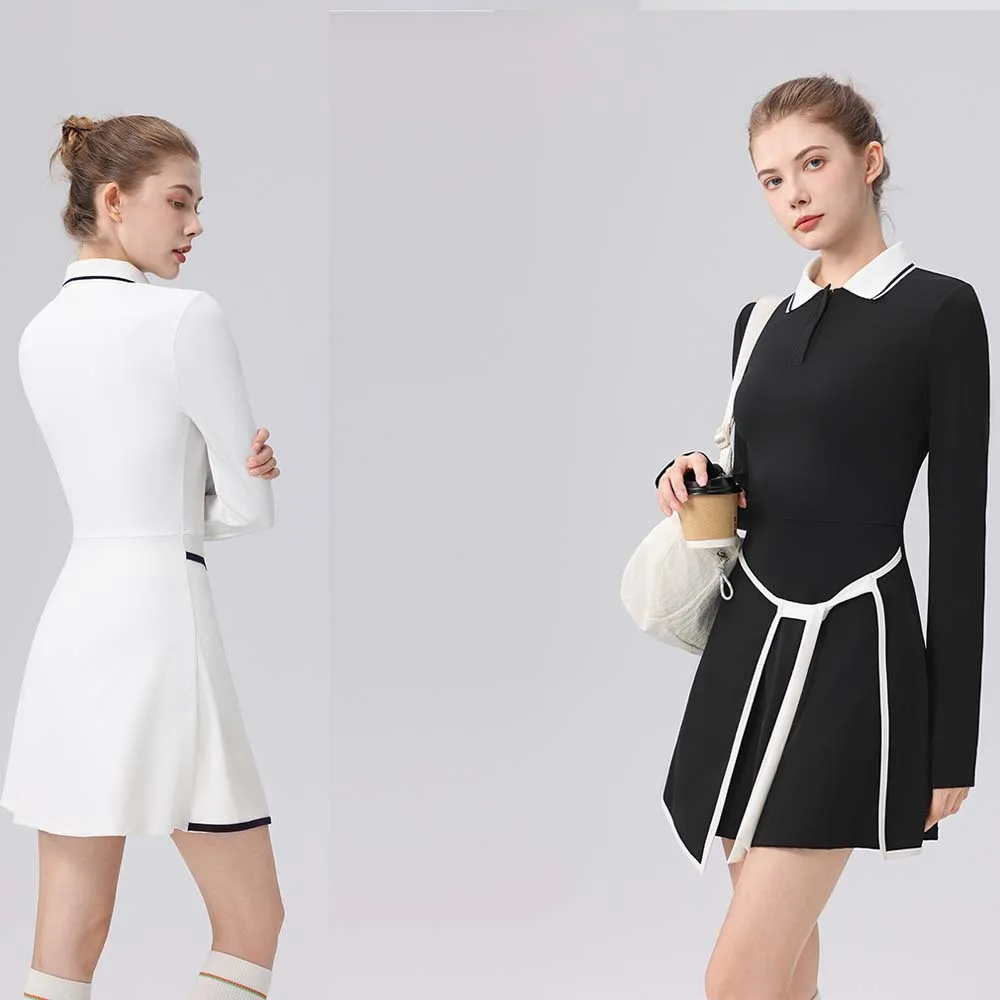 

Women's Dresses Trend 2025 Golf Wear White Black Red Long Sleeve Tennis Outfit with Shorts Female Badminton Workout Autumn Suit