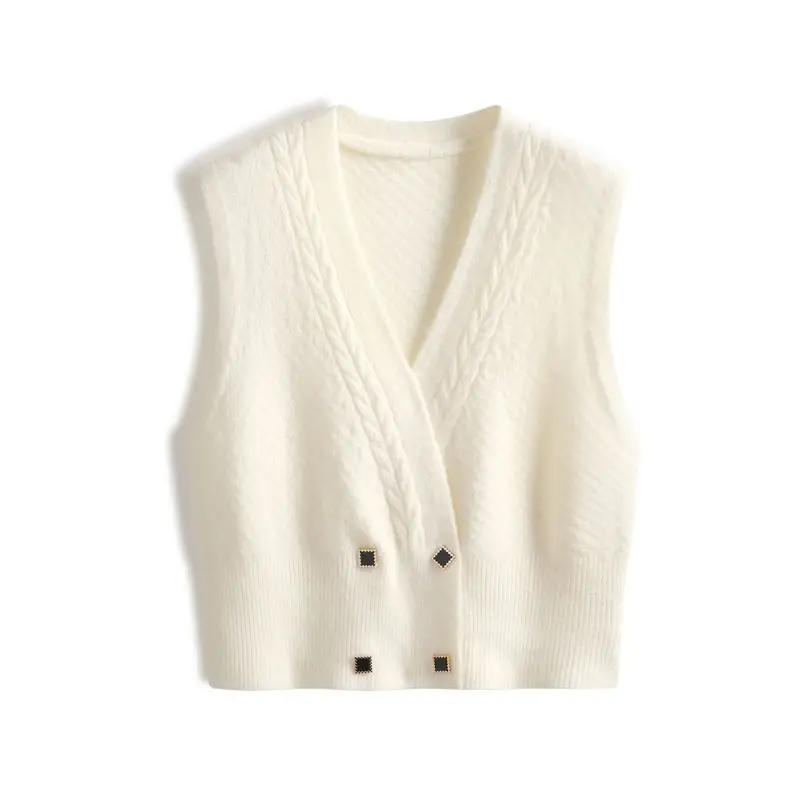 French Retro Knitted Sweater Vest Women\'s Double Breasted Design Sleeveless Sweater Jacket Slimming and Versatile Top