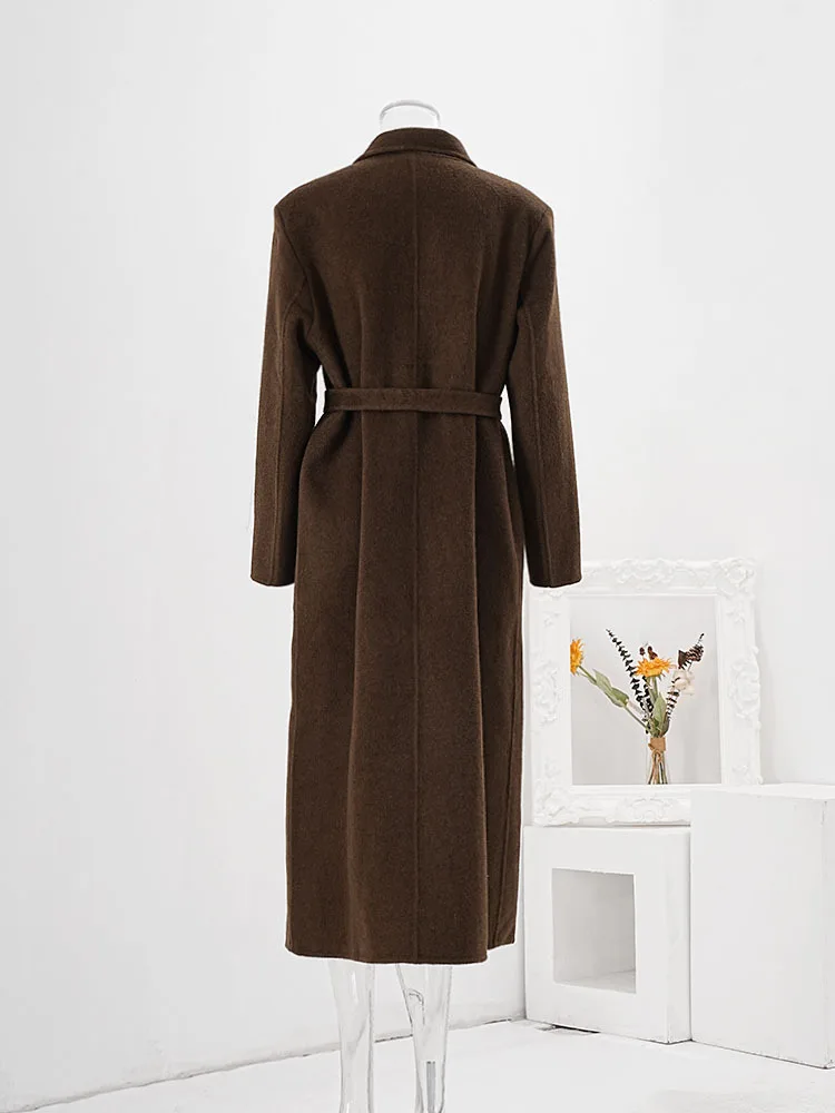 LANMREM Long Wool Coats Office Lady Notched Collar Long Sleeves Overcoat With Belt Female Luxury Elegant Clothing New CPG1859