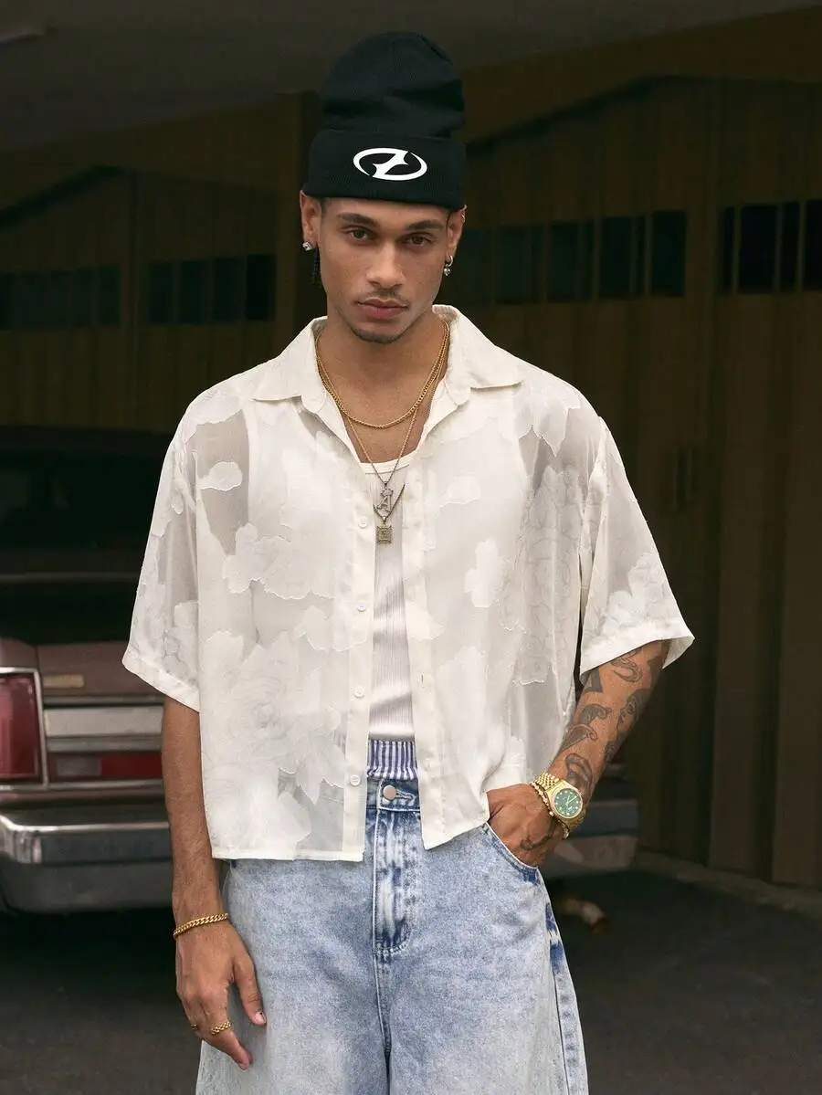 

Men's Loose Cropped Floral Print Collared Short Sleeve Shirt