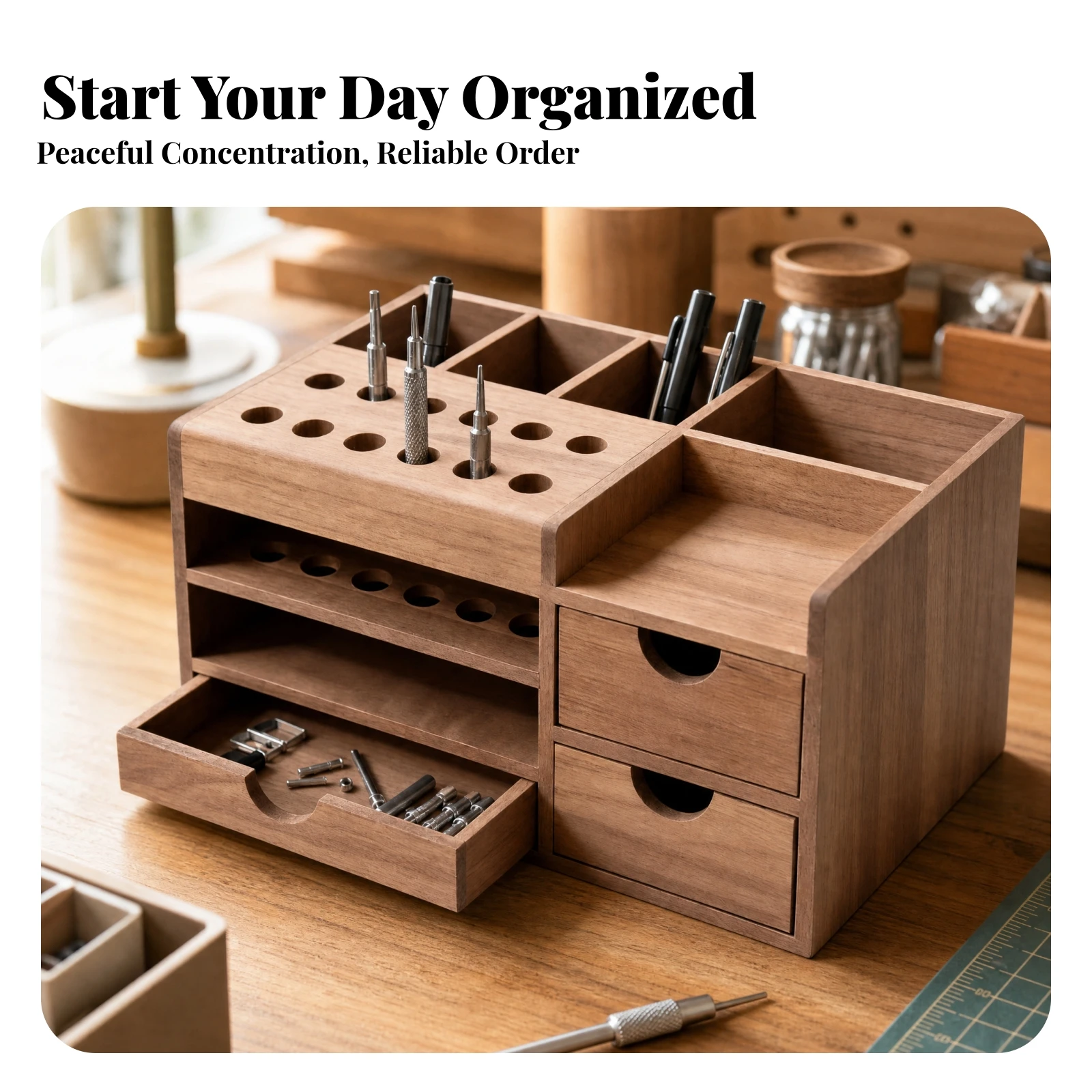 Desktop Organizer with Drawers Modern Solid Wood Desktop Storage Box Wooden Desk Organizer with Drawers Compact for Home Office