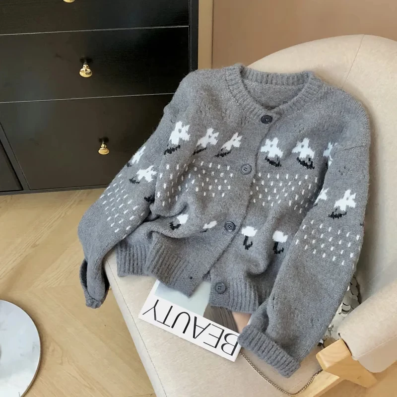 

Korean Style Soft Jacquard Knitted Cardigan Autumn Women's Single Breasted Round Neck Sweater Coat Chic Retro Casual Warm Tops