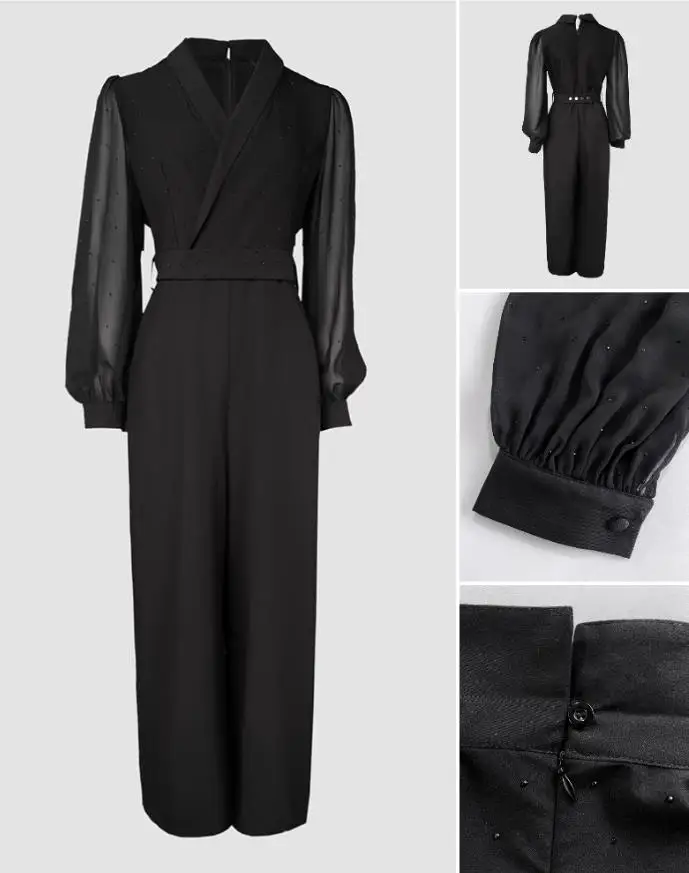 Women's Jumpsuit Plunge Rhinestone Chiffon Patchwork Long Sleeve Casual Zipper Jumpsuit Simple Commuting Style Elegant Jumpsuit