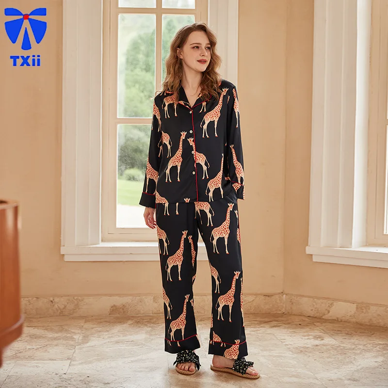 【Black Giraffe 】comfortable Ice Silk Pajamas Women High-end Sense ins Style Lapel Spring/Summer Long Sleeve Home Suit 17