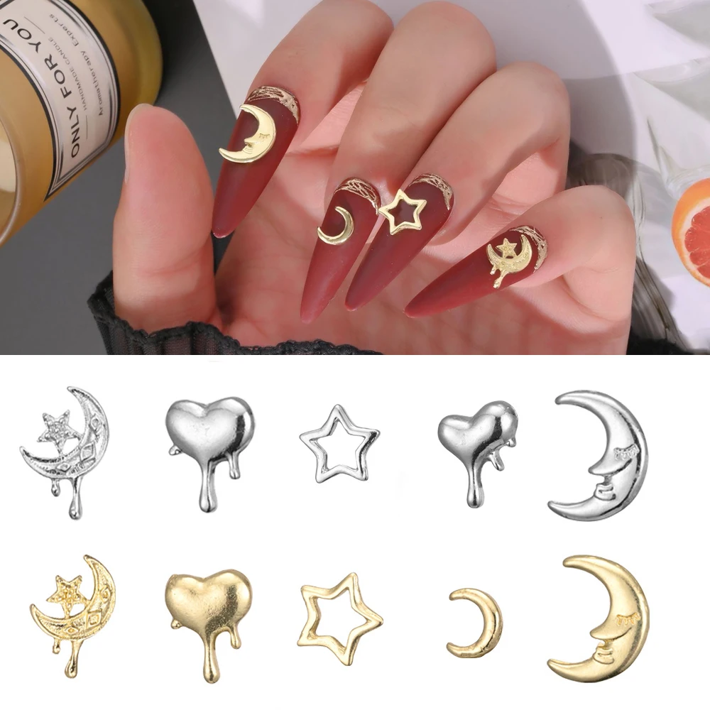 

20 шт. роскошный сплав для дизайна ногтей, очаровательное 3D золото, серебро, луна, звезда, лавовое сердце, любовь, металлическое украшение для ногтей, сделай сам, изысканные аксессуары для ногтей