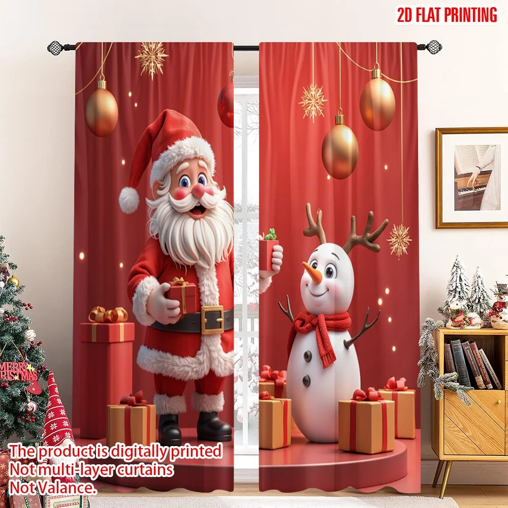 

2pcs 2D flat printing Merry Christmas Scene Curtains Christmas Santa Snowman Reindeer Gifts 100% Polyester Without Electricity