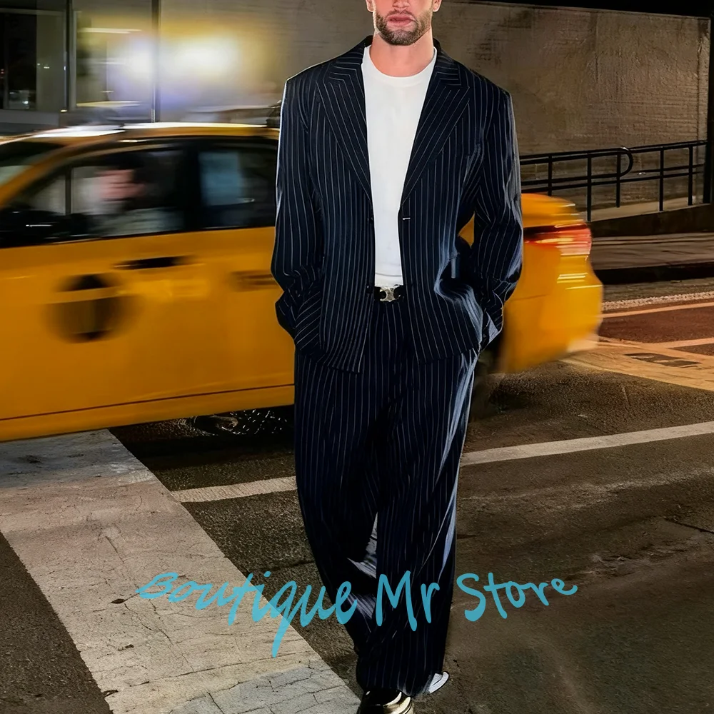 

Elegant Navy Blue Pinstripe Suits for Men Single Button Peaked Lapel Blazer+Pants 2Piece Set Smart Casual Gentlemen Clothing