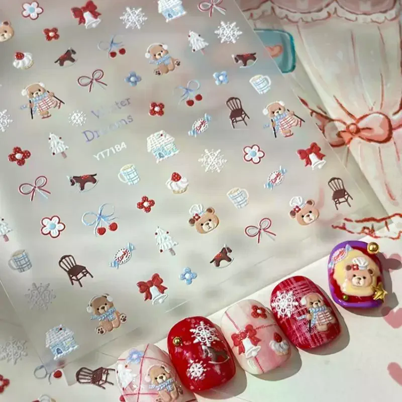 크리스마스 눈송이 네일 아트 스티커 만화 겨울 곰 데칼 DIY 새해 액세서리 네일 아트 장식 매니큐어 용품