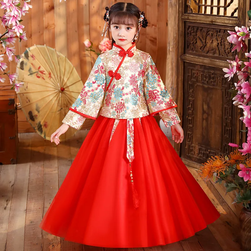 

Winter New Years Dress Embroidery Girls Cotton Linen Kids Chinese Lovely Tang Suit Children Ancient Hanfu Perform Costumes