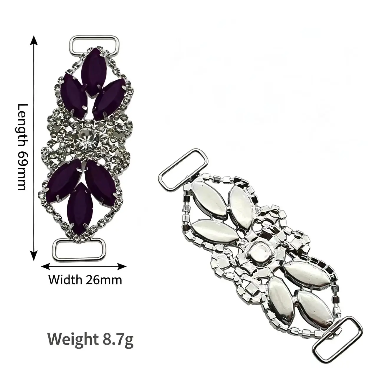2 Pieces Multicolored Crystal Rhinestone Bikini Buckle 69mm×26mm Alloy Rhinestone Connector Clasp Swimwear Decorative Accessori